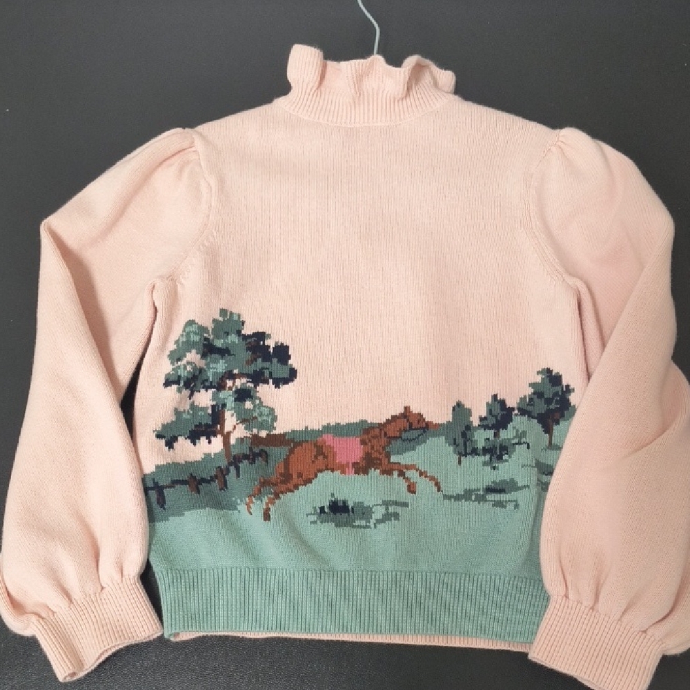 Women’s Pink Ruffle-Neck Sweater with Horse Motif
